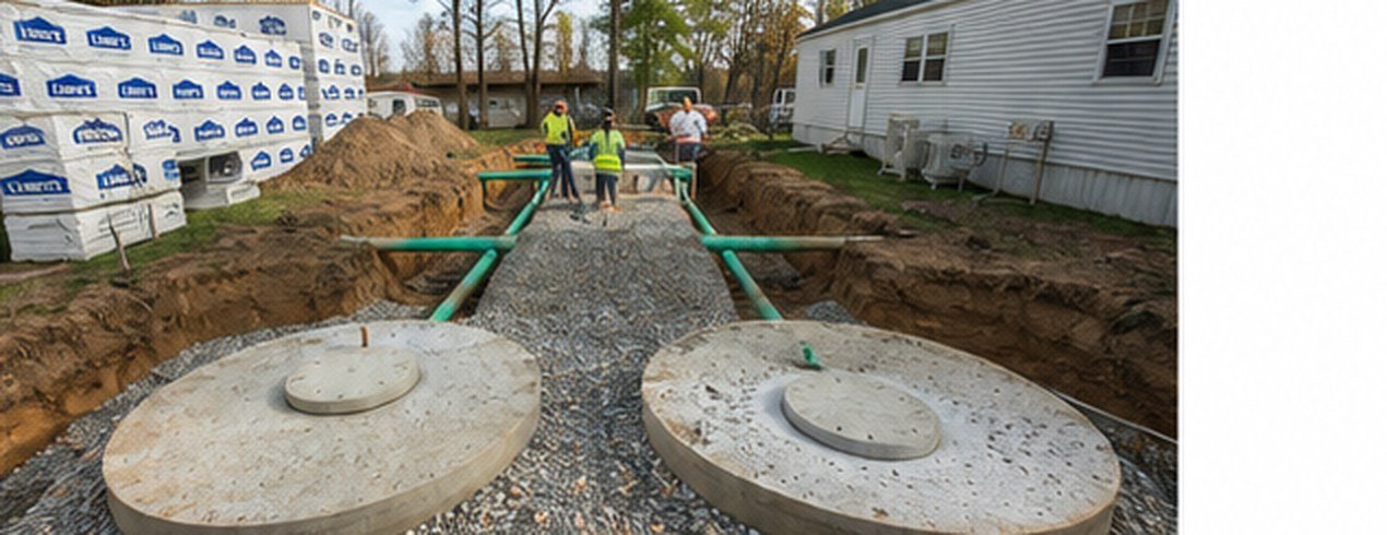 Septic system installation with concrete tanks and distribution piping